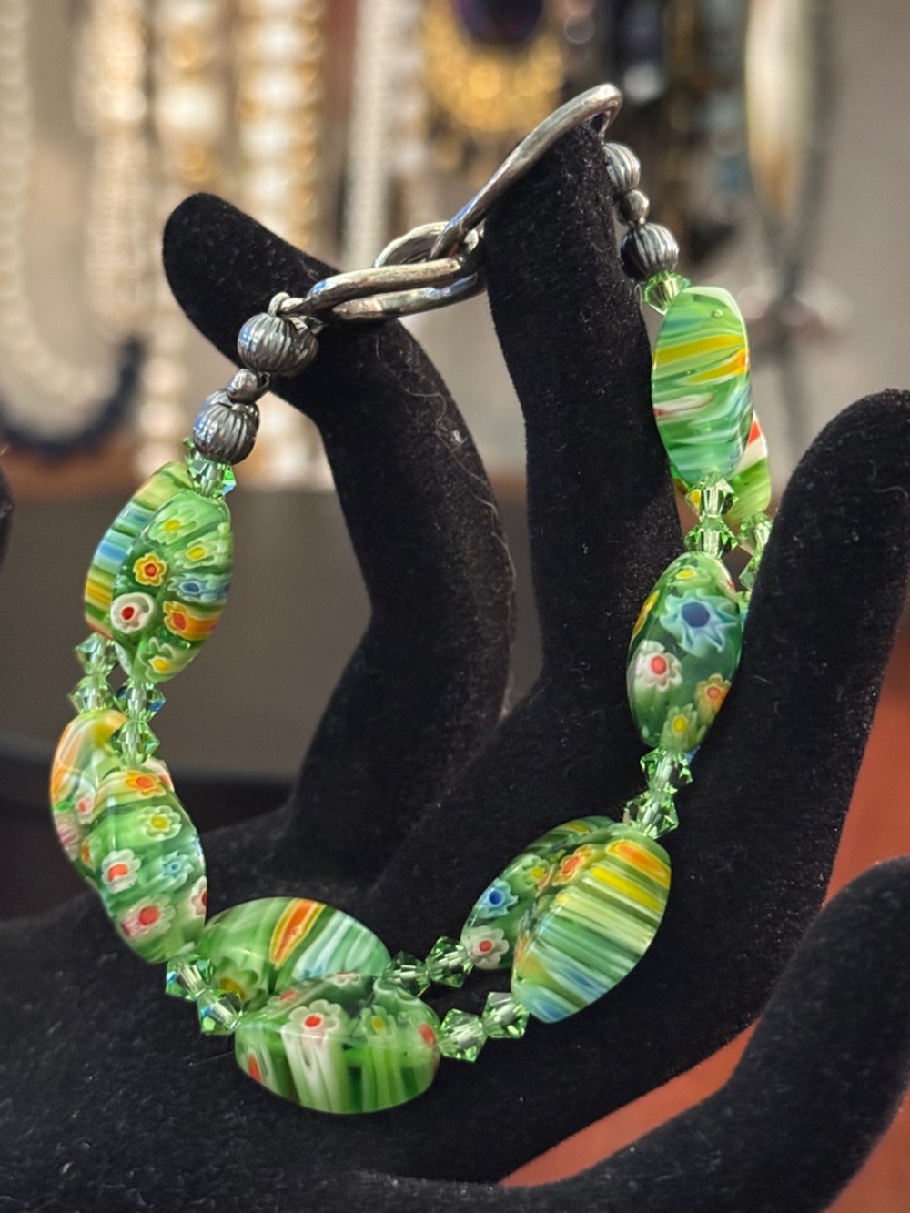 Green Millefiori Glass Bead Bracelet